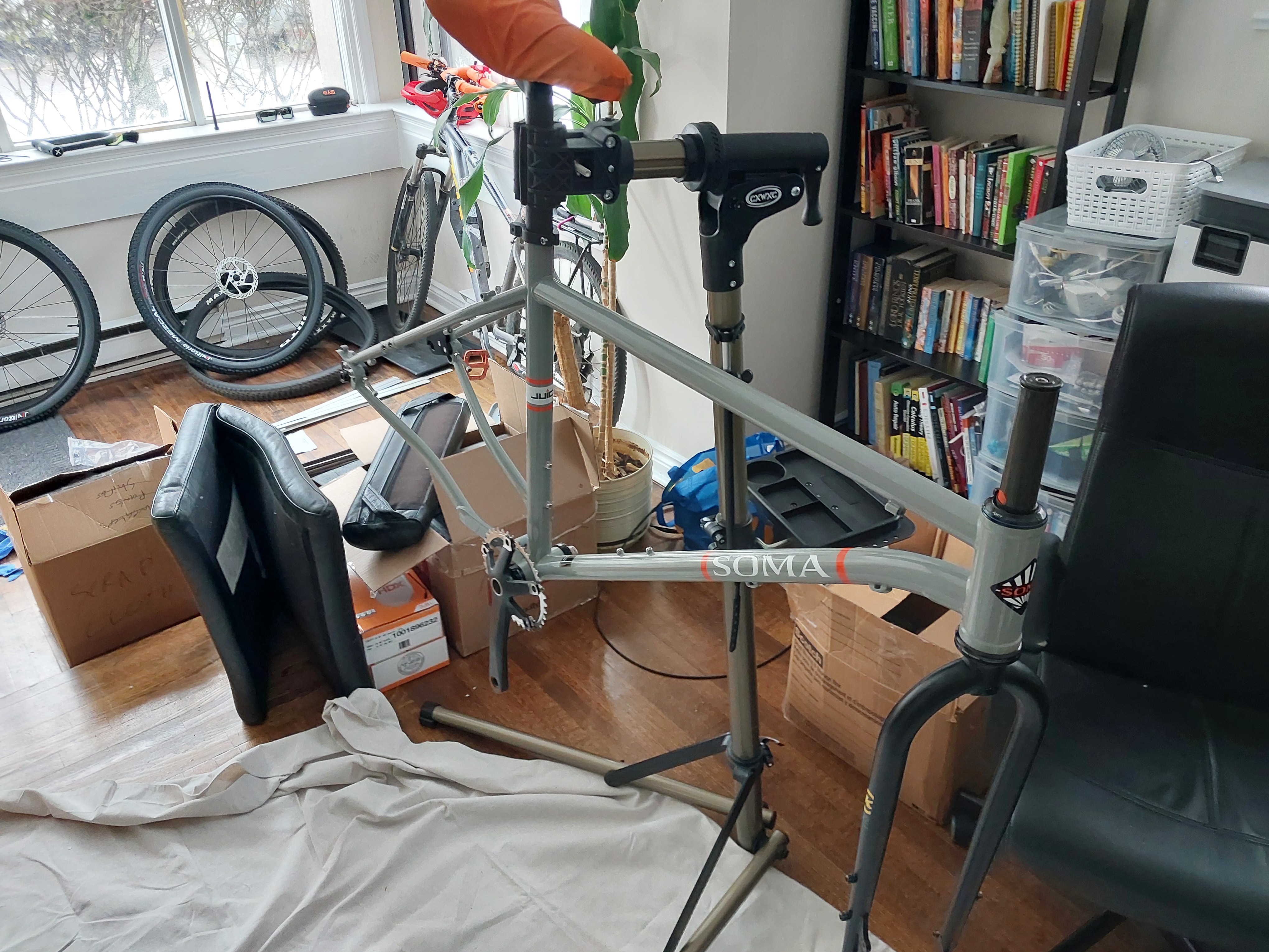 Bicycle frame and fork on a repair stand